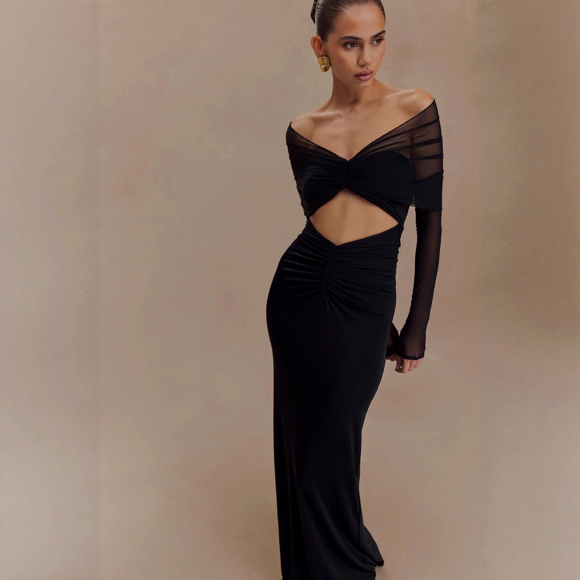 black openwork spliced mesh long sleeve dress