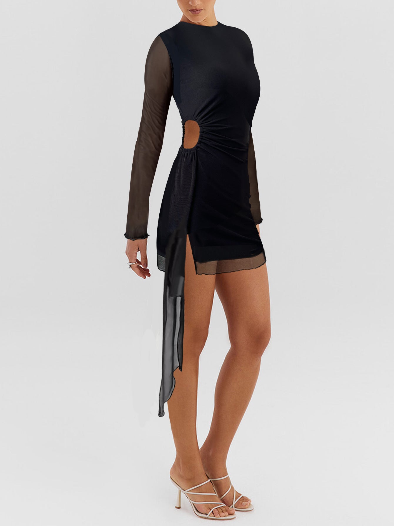 black Round neck long-sleeved mesh-paneled mini dress