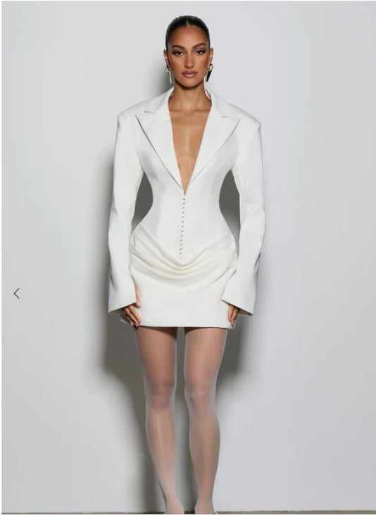 white deep V long sleeve mini dress