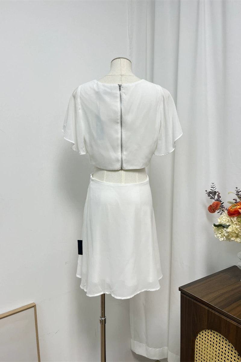 white butterfly sleeve chiffon waist open waist  mini dress