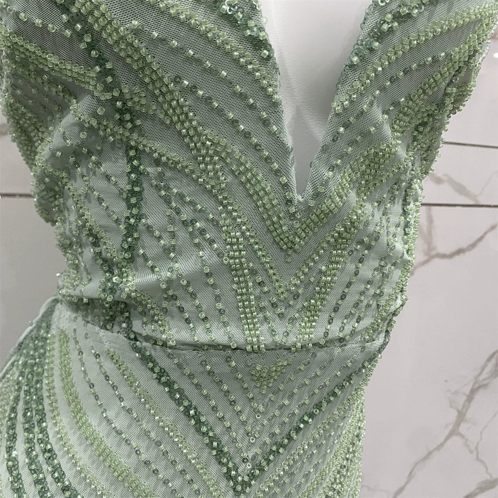 open back beaded mini dress