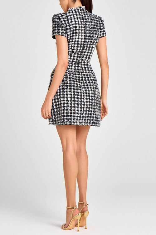 black round neck nail bead plaid mini dress