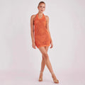 orange hollow sleeveless halterneck dress