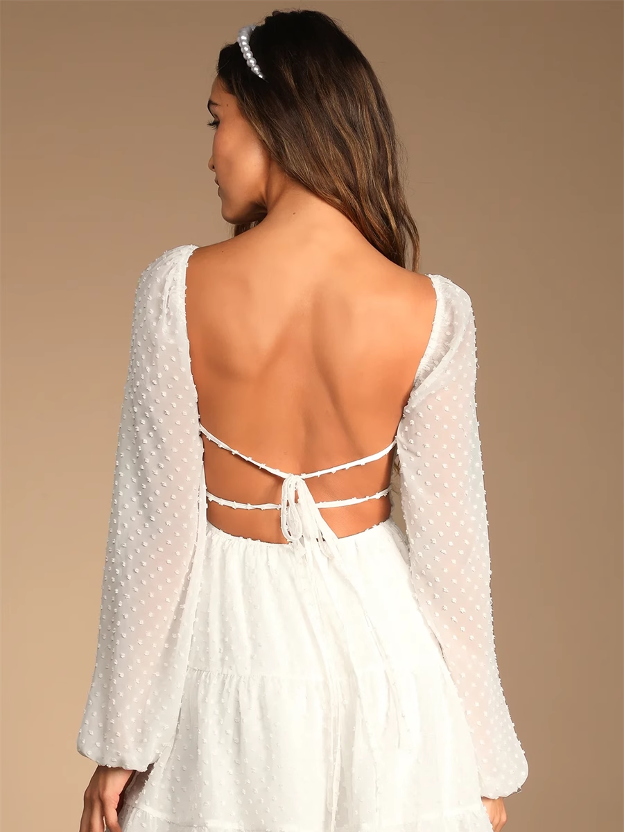 jacquard polka dot chiffon long sleeves open back dress