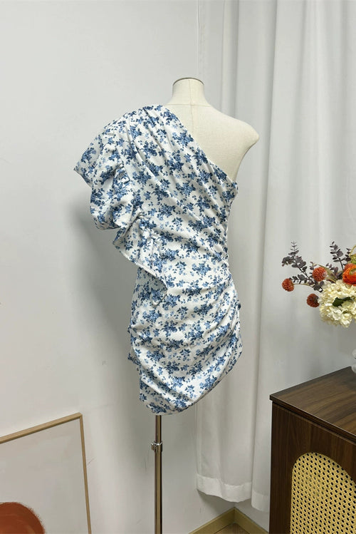 blue flower slanted shoulder flying sleeve dress