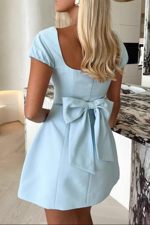 blue bow backless mini dress