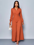 Collared Long-Sleeved Belt Wide-Leg Jumpsuit