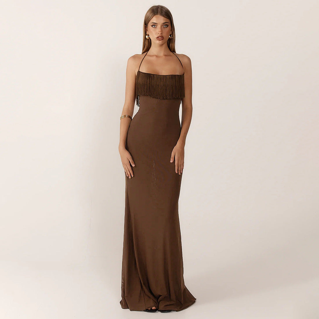 Tassel stitching halterneck backless high waist dress