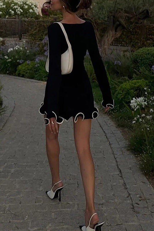 black Ruffled long-sleeved knit dress