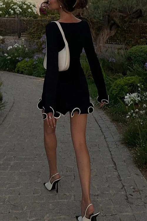 black Ruffled long-sleeved knit dress