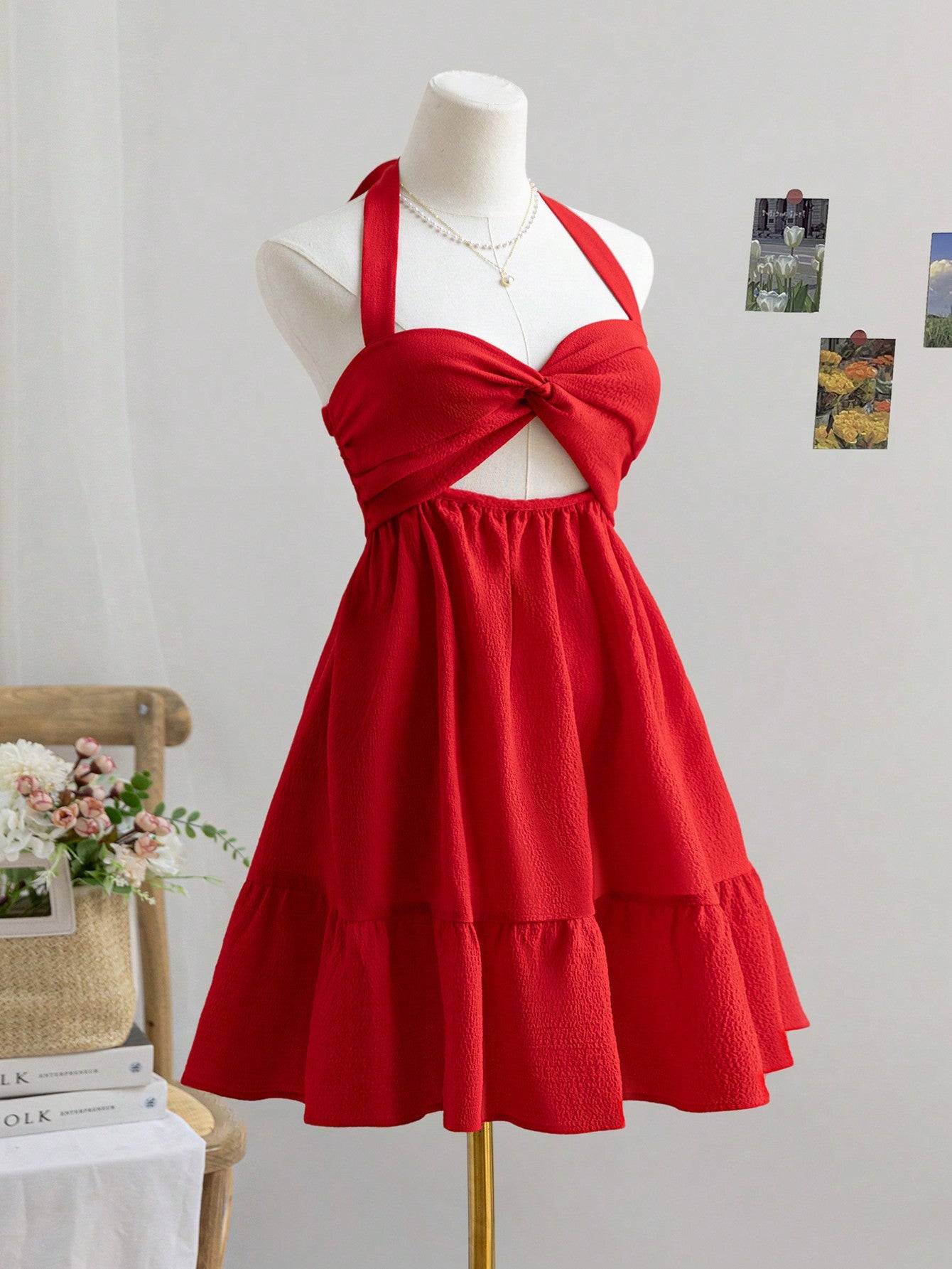 grace Red halter-neck backless mini dress