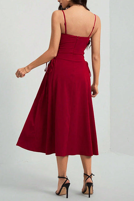 red Tie-up sleeveless suspender dress