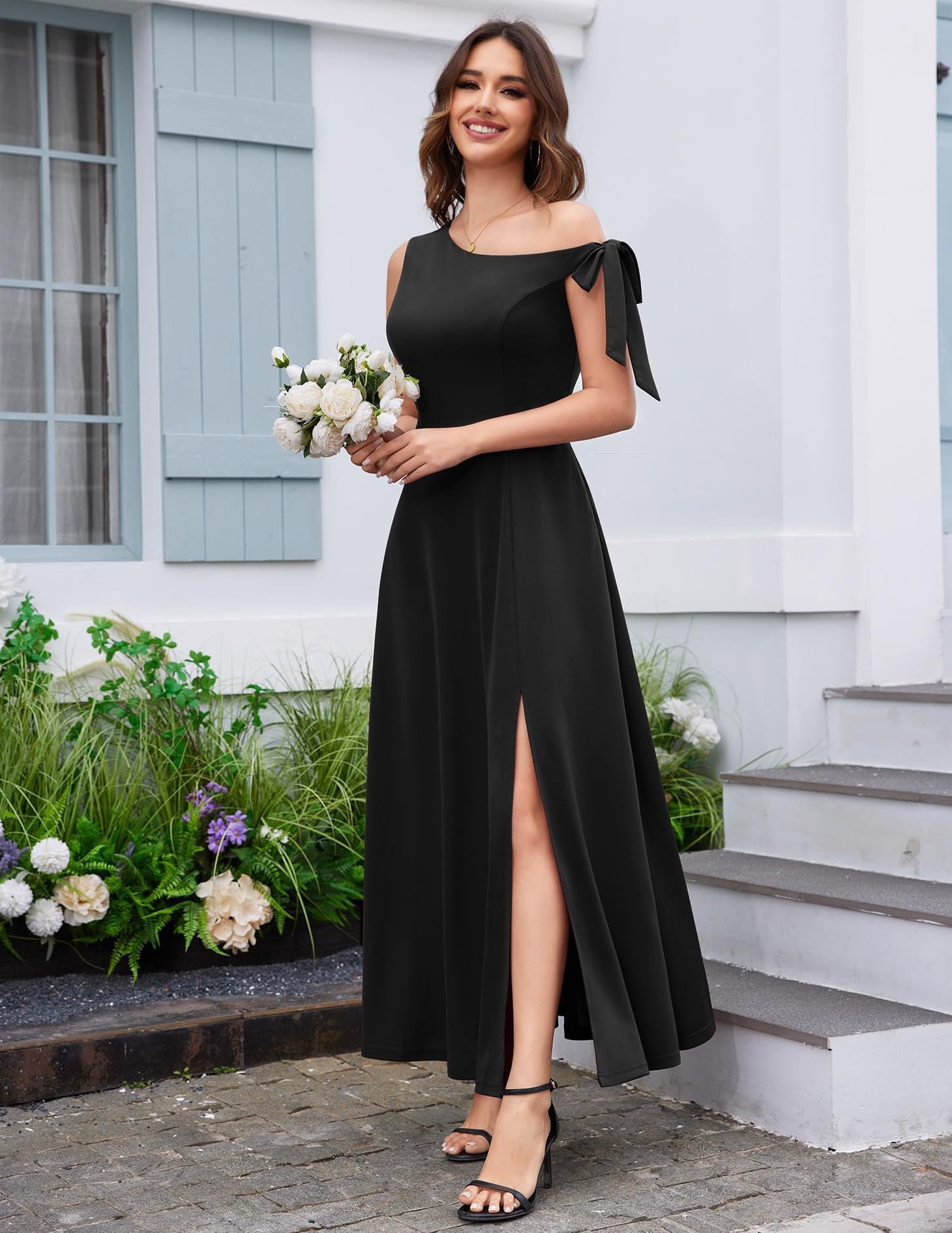 black Slanted Shoulder Strap Slit Dress