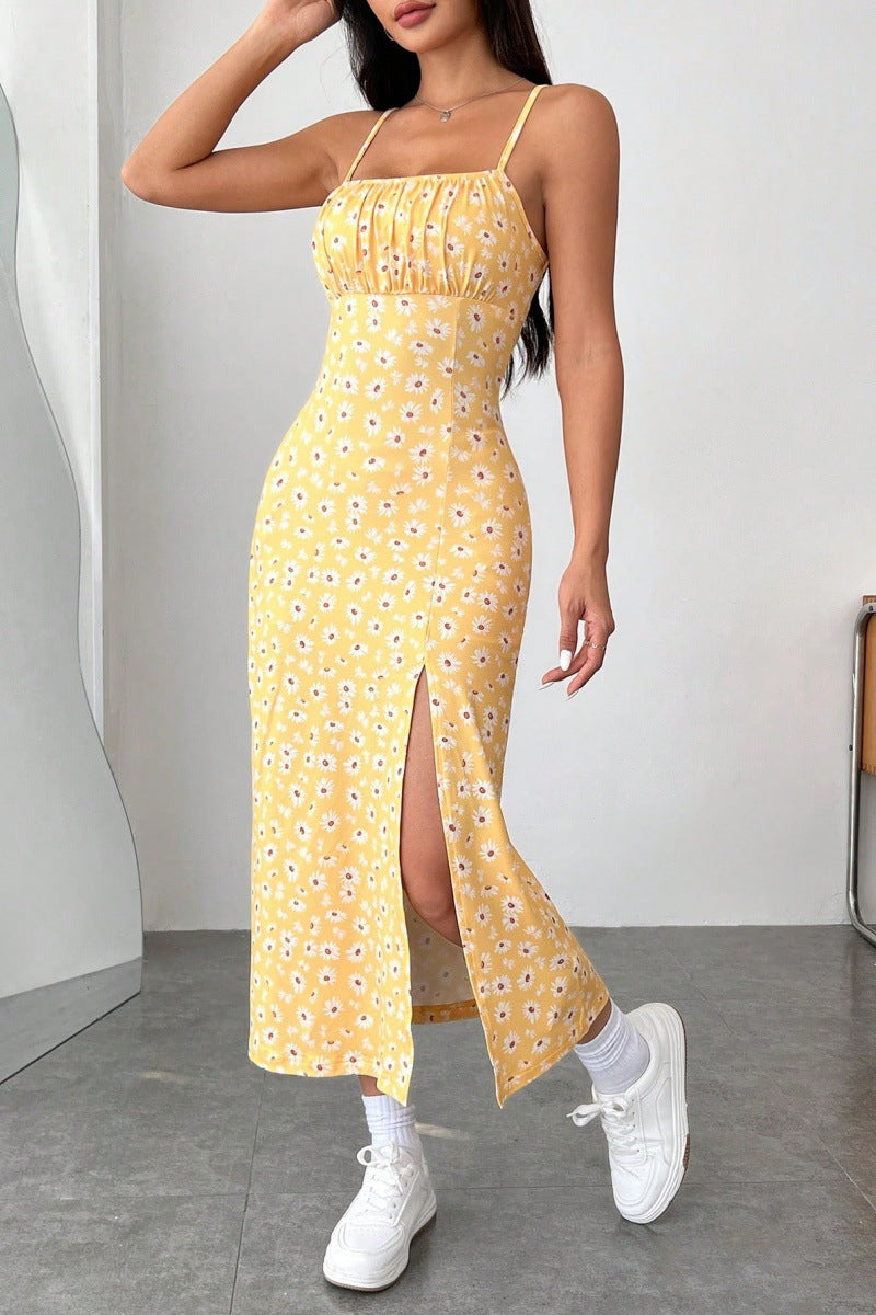 yellow Strapless bralette slit floral print midi dress