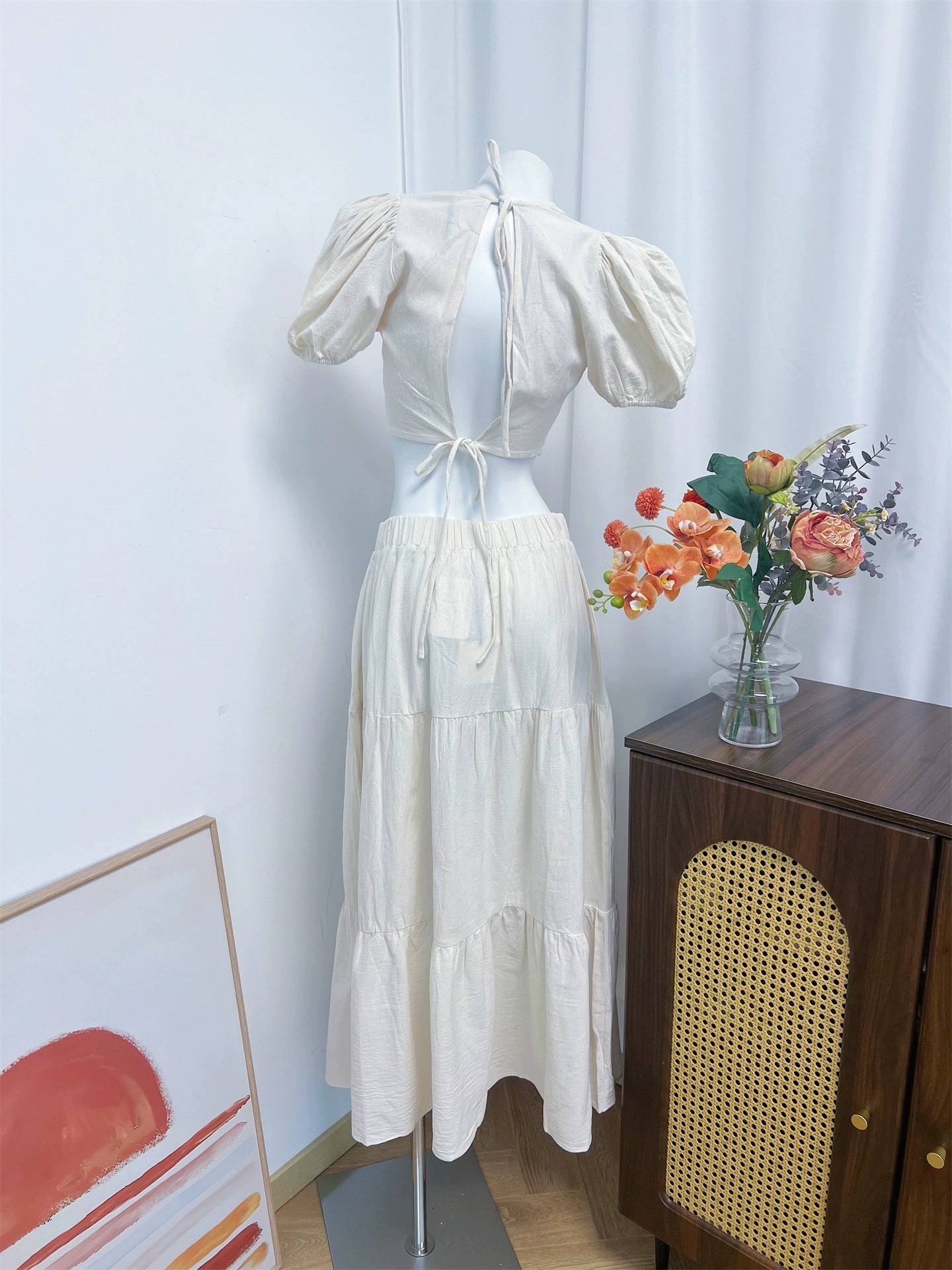 white two-tone crew neck crop top set