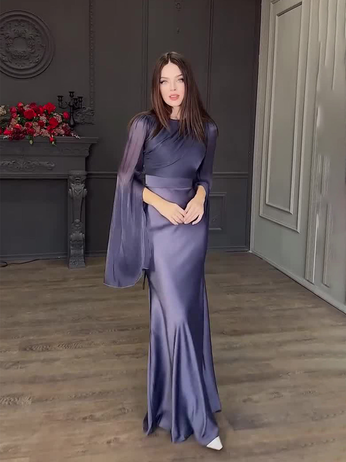 Spliced Glass Tulle Large Swing Sleeve Long Satin Slim Fit Dress