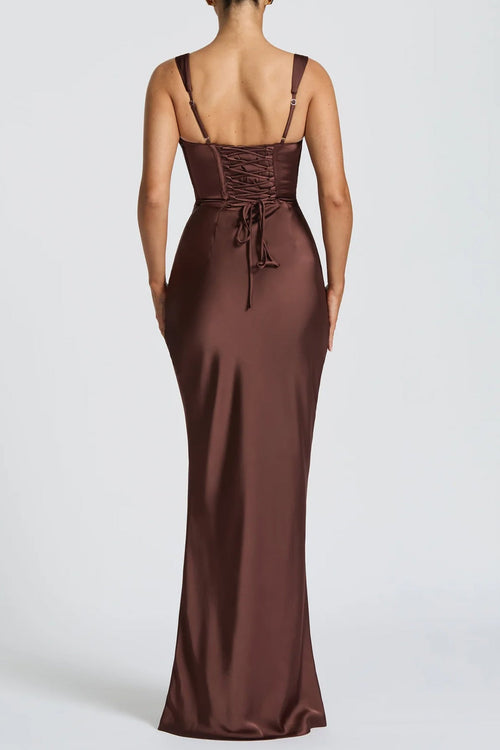 brown suspender hip maxi dress