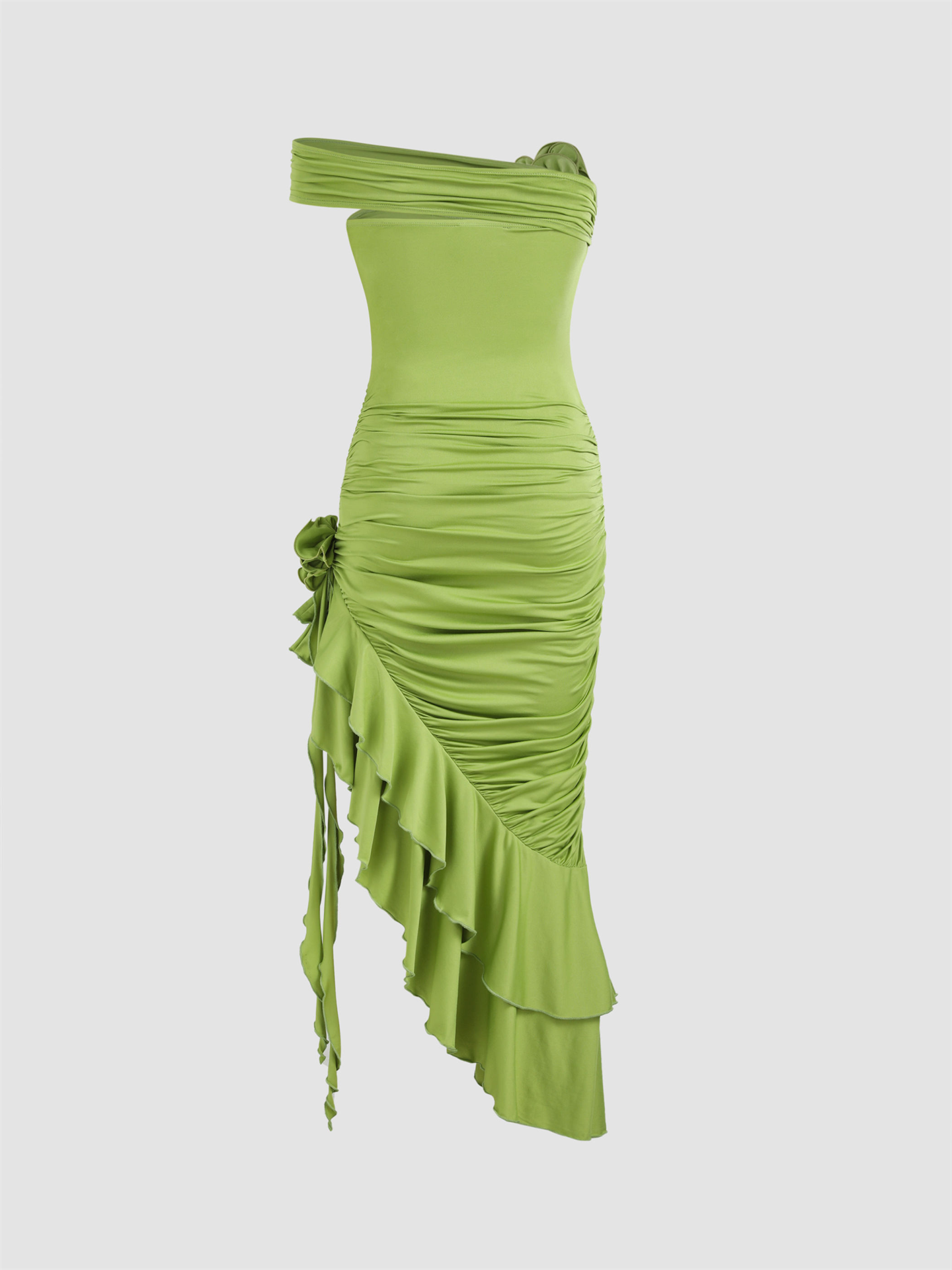 green flower side slit ruffled dress