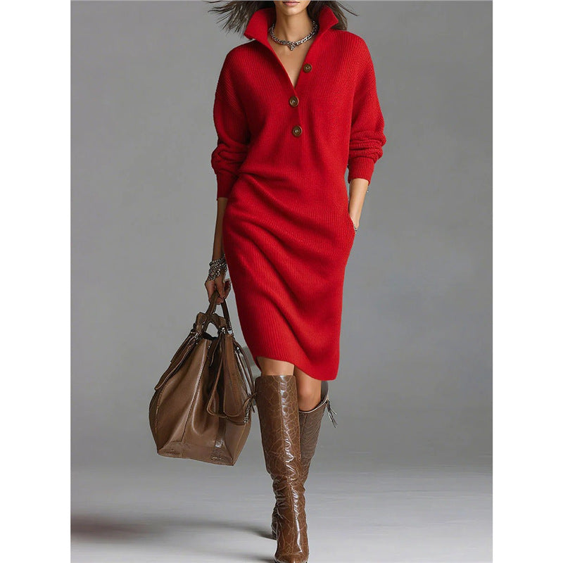 Button-down collar straight knit sweater midi dress