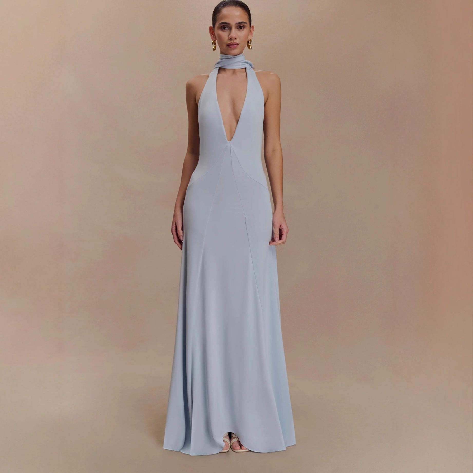 deep V-neck streamer halterneck  pleated open back dress