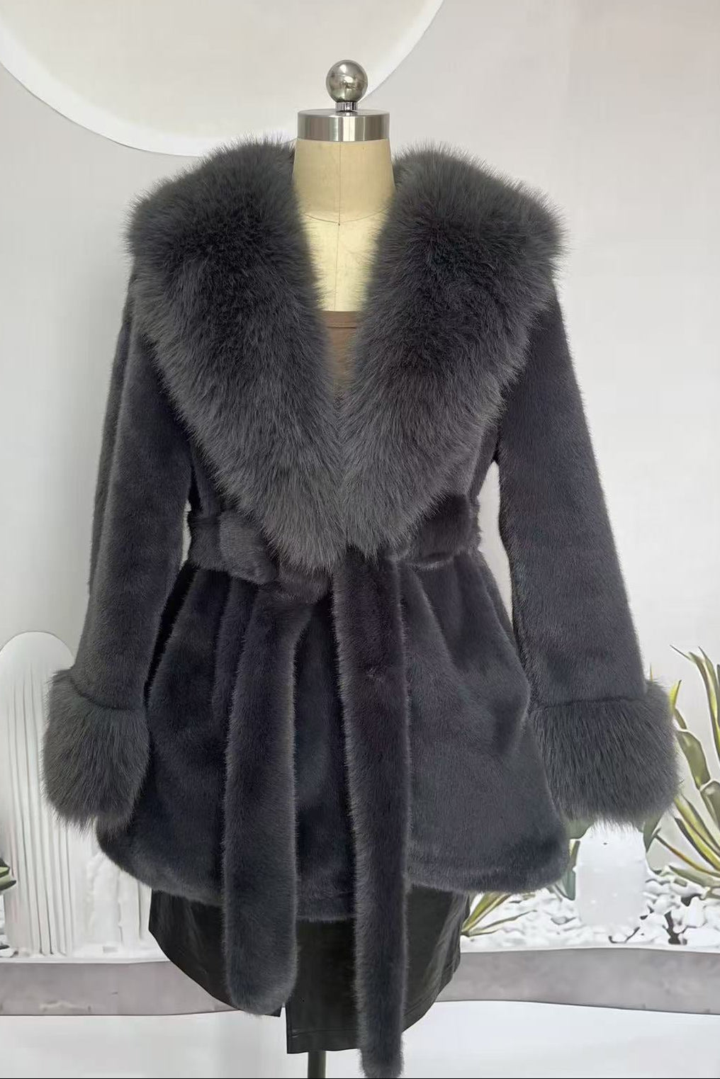 Big Fur Collar Long Mink Faux Fox Coat