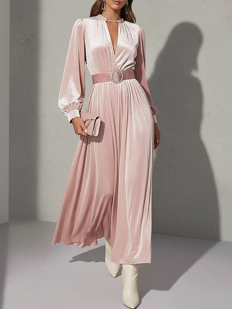 pink V-neck gold velvet maxi dress
