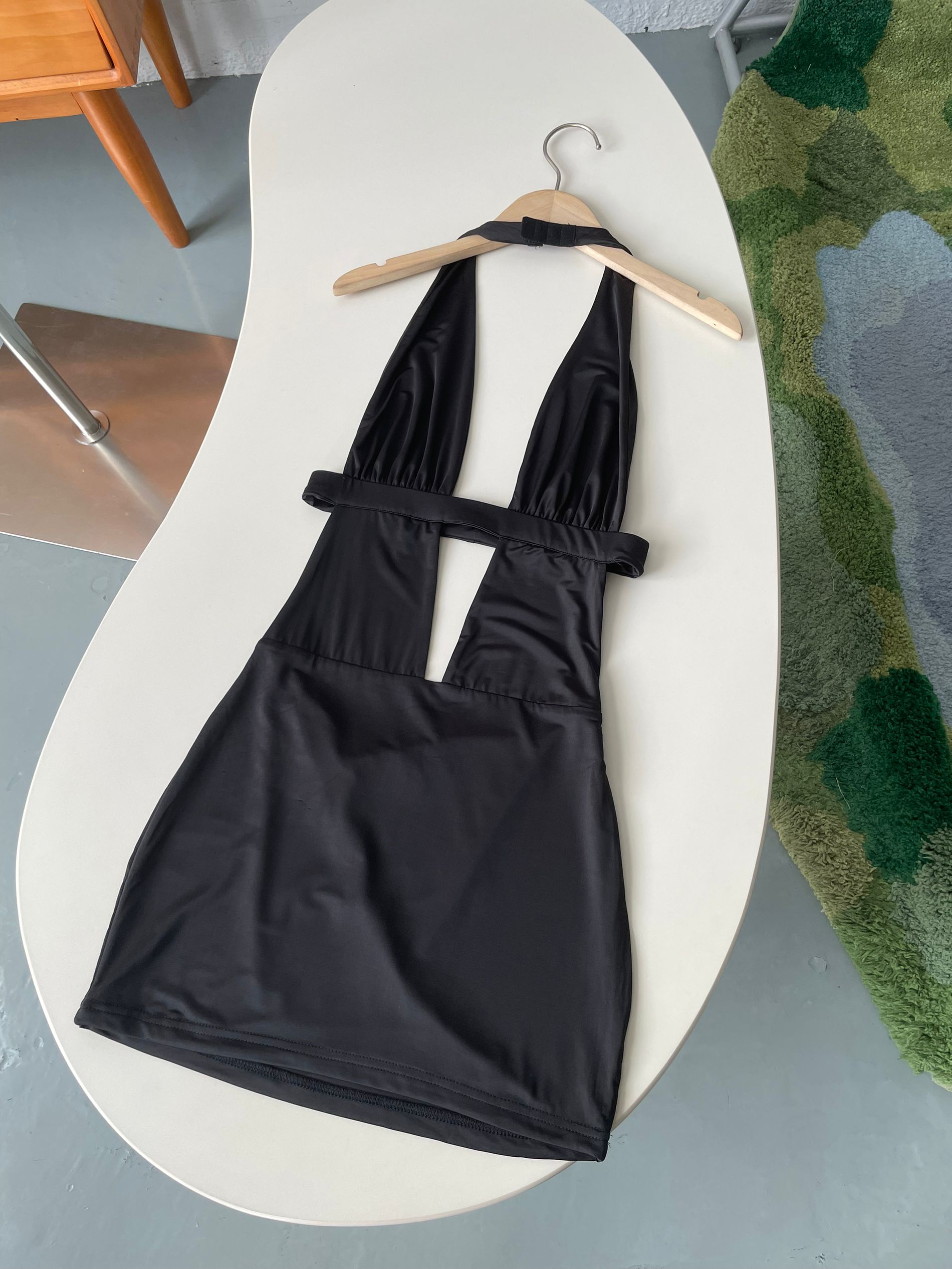 black halterneck open back mini dress