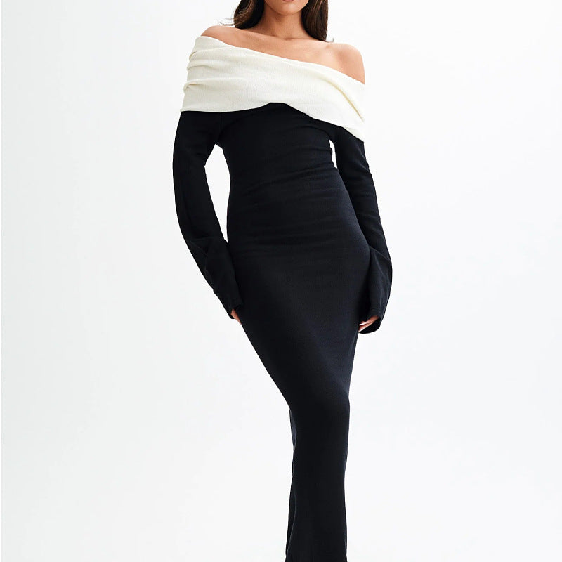 black Off-the-shoulder long-sleeved maxi dress