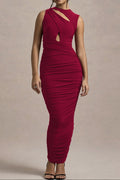 red Pleated sleeveless round neck bodycon dress