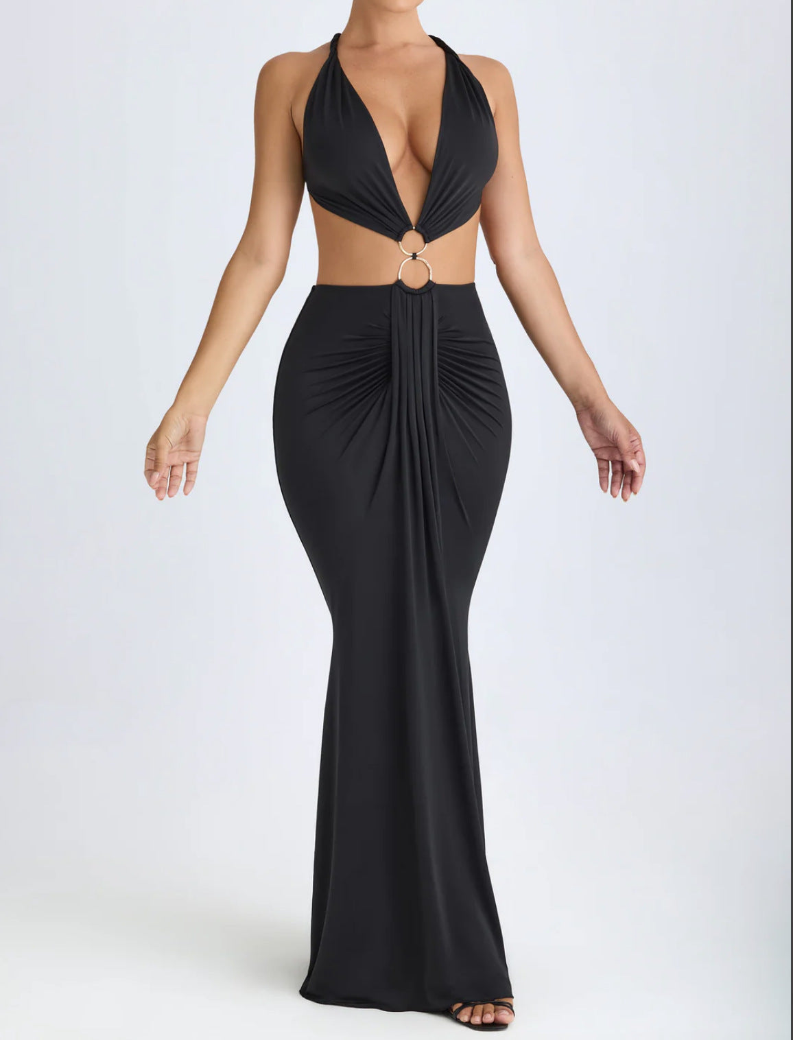 Hollow-out backless deep V-neck dress
