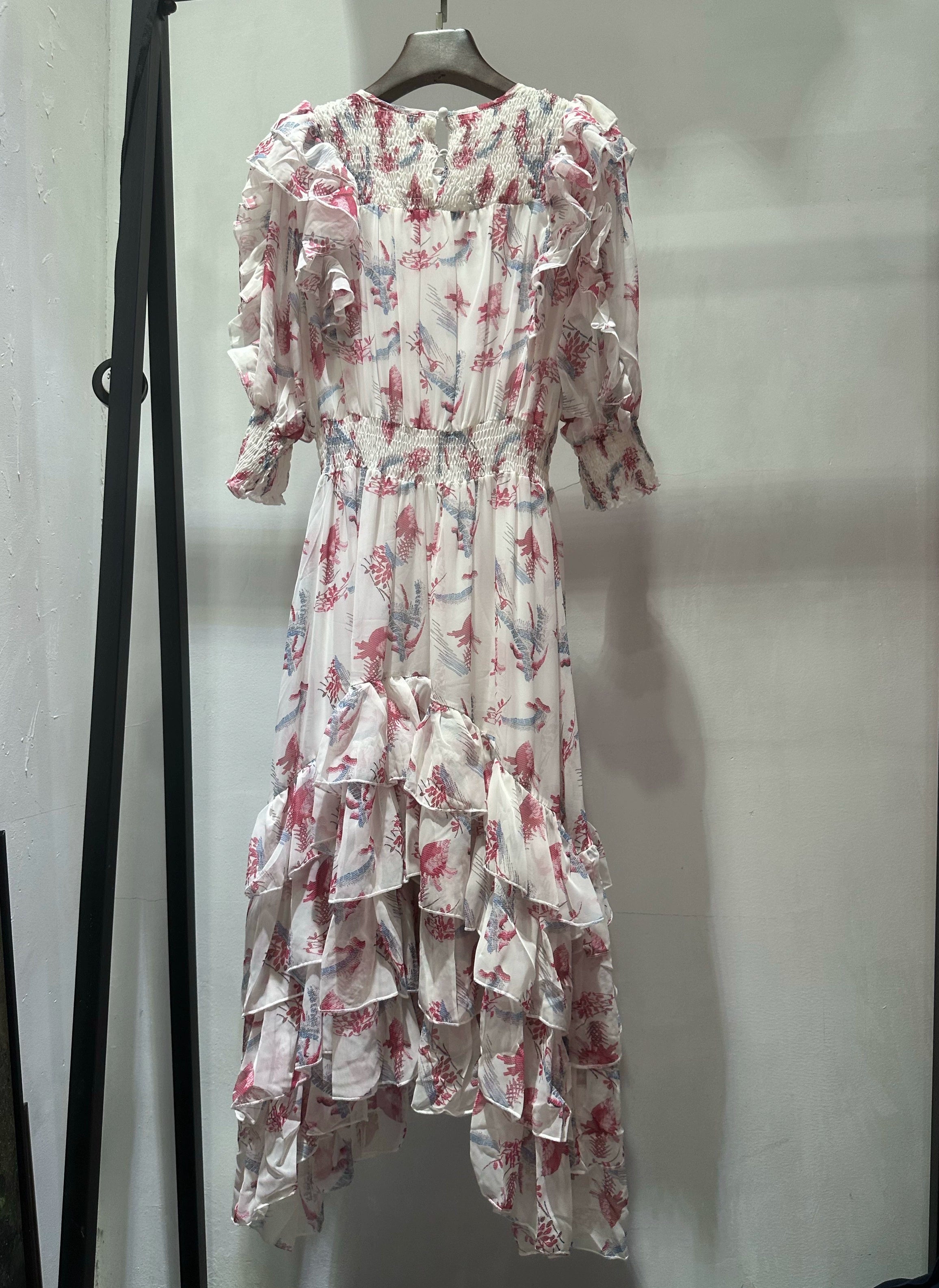 pink ruffled elastic midi dress