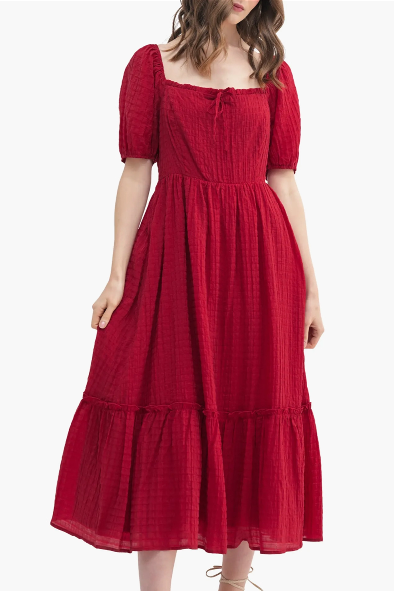red bow square neck puff sleeve dress