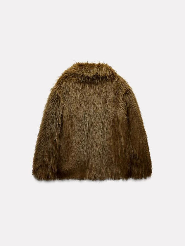 Artificial Wool Fur Cropped Jacket in brown