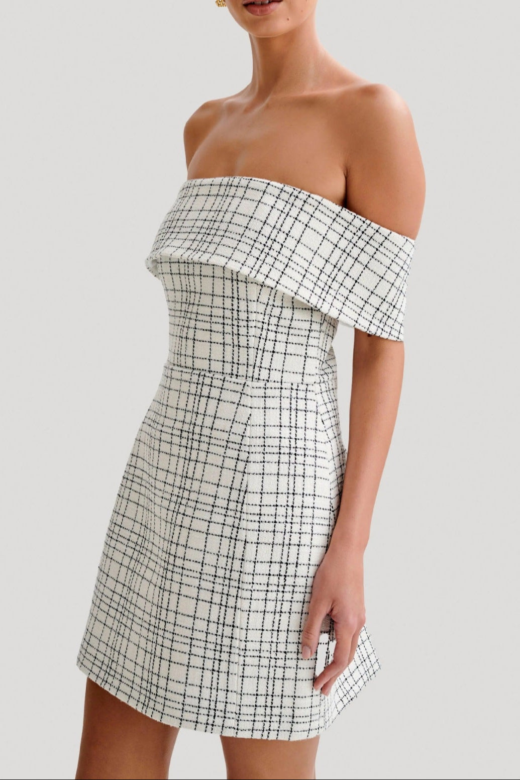 tight plaid A-line one-shoulder dress
