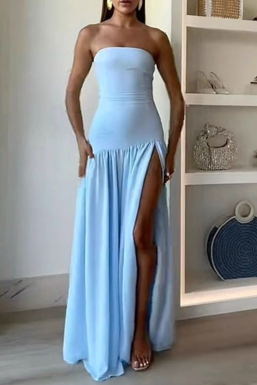 blue Off-the-Shoulder Bandeau High Slit Dress
