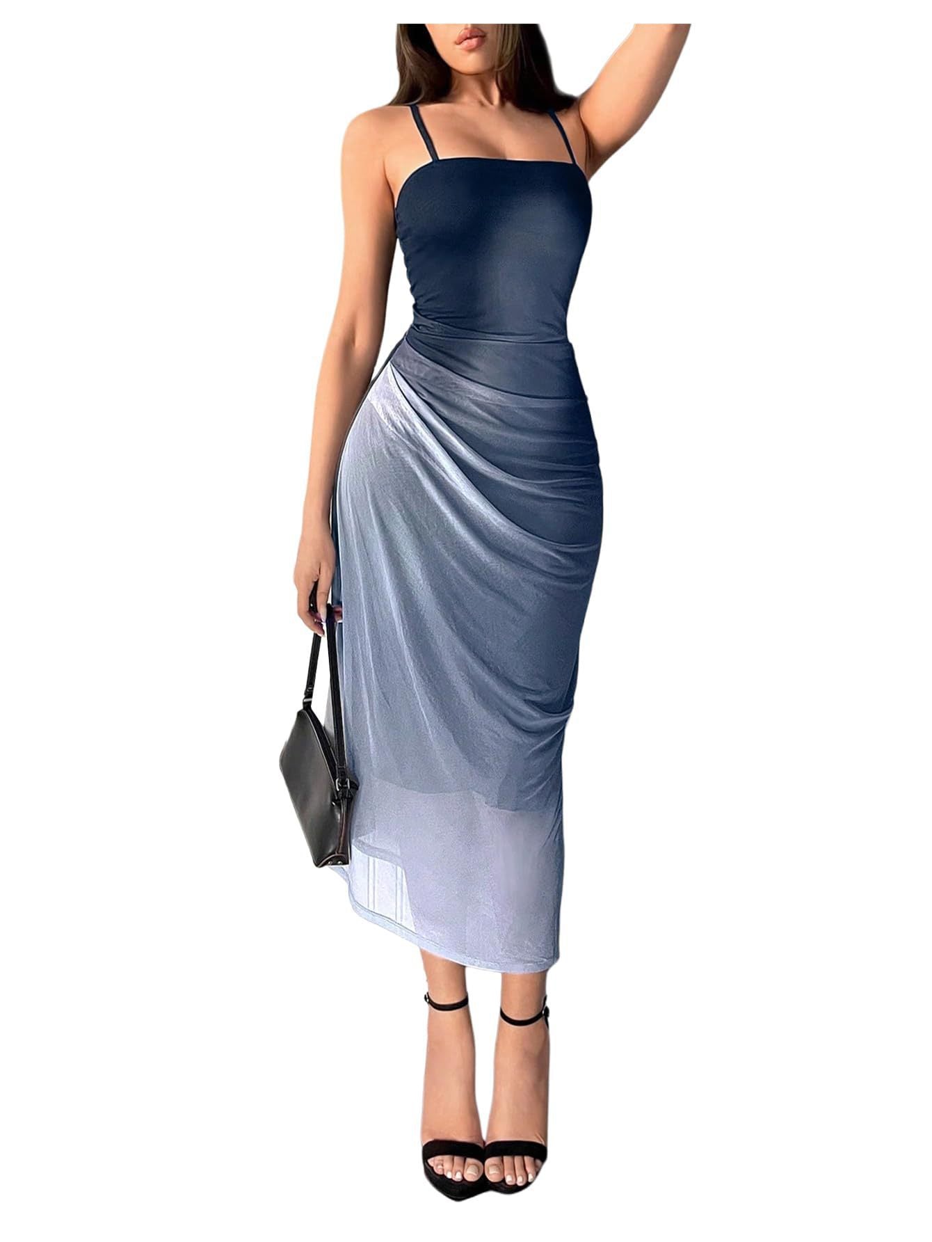 grey Mesh Suspender Backless Dress