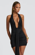 black deep V open back streamer mini dress