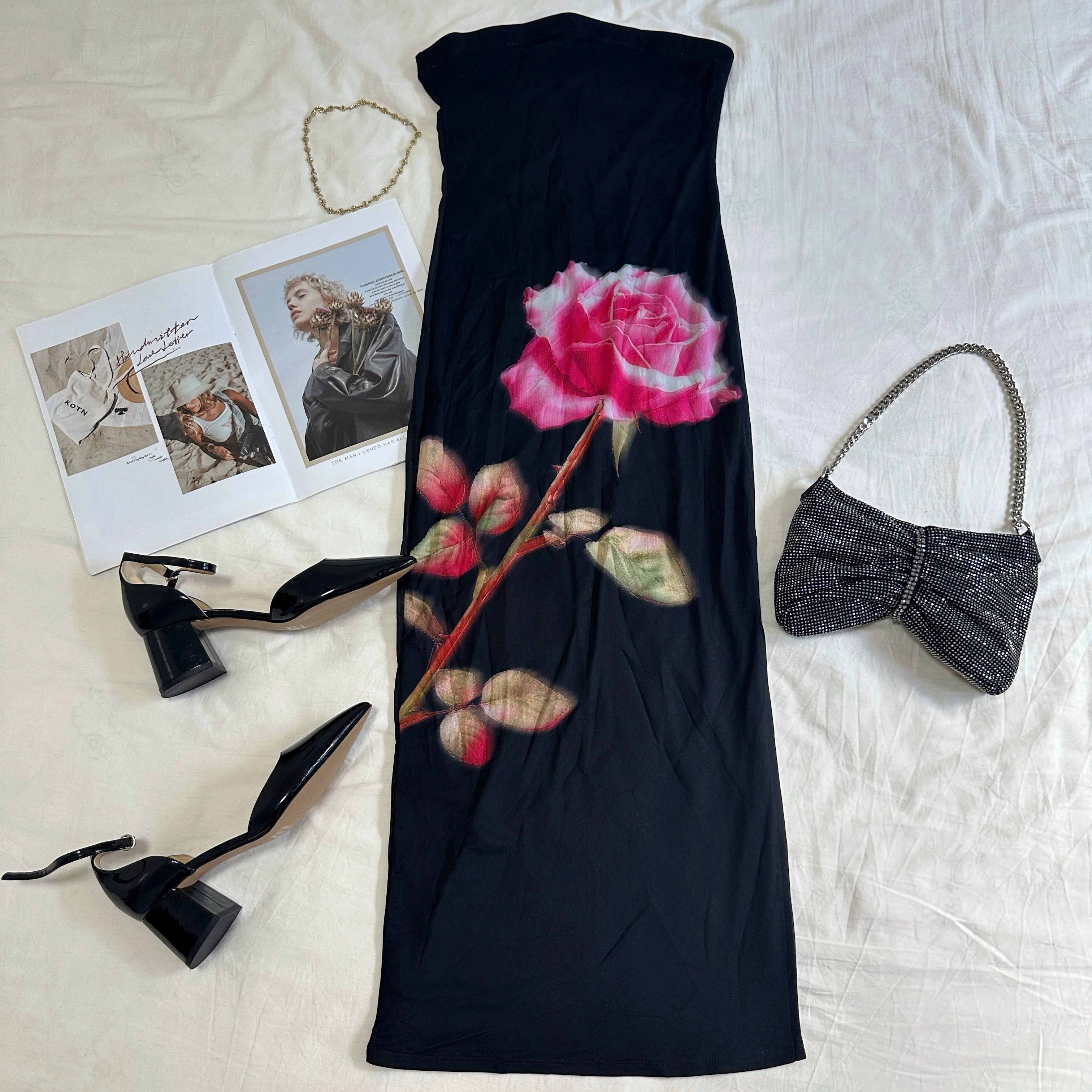 Mesh Print Slit Strapless Stretch Dress