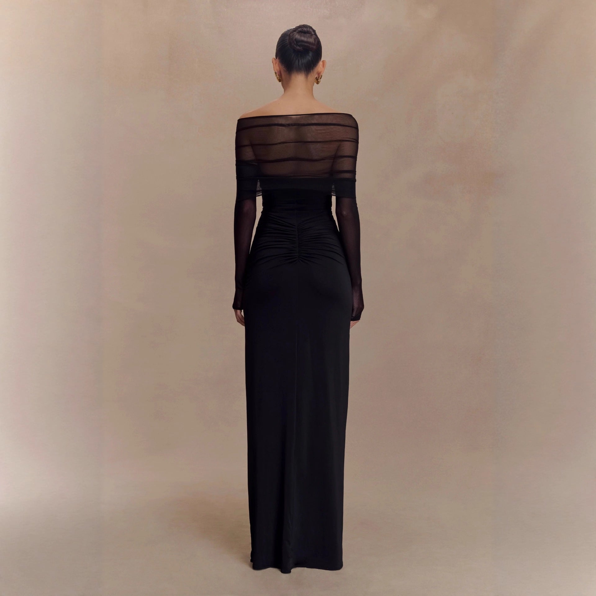 black openwork spliced mesh long sleeve dress