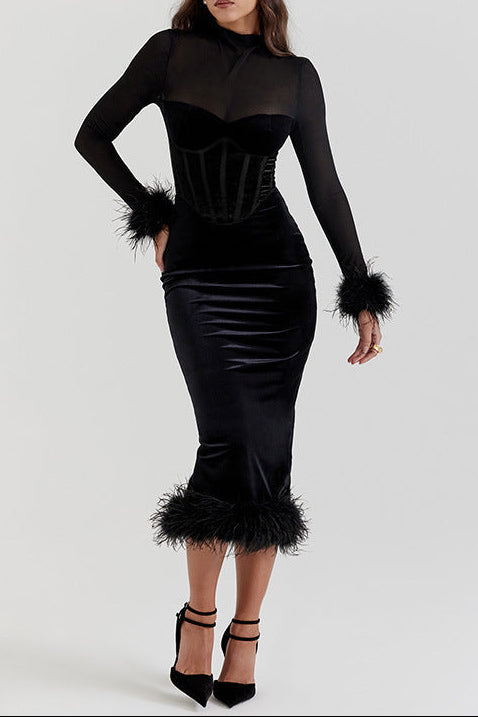 Furry Waist-cinching Mesh Patchwork maxi Dress