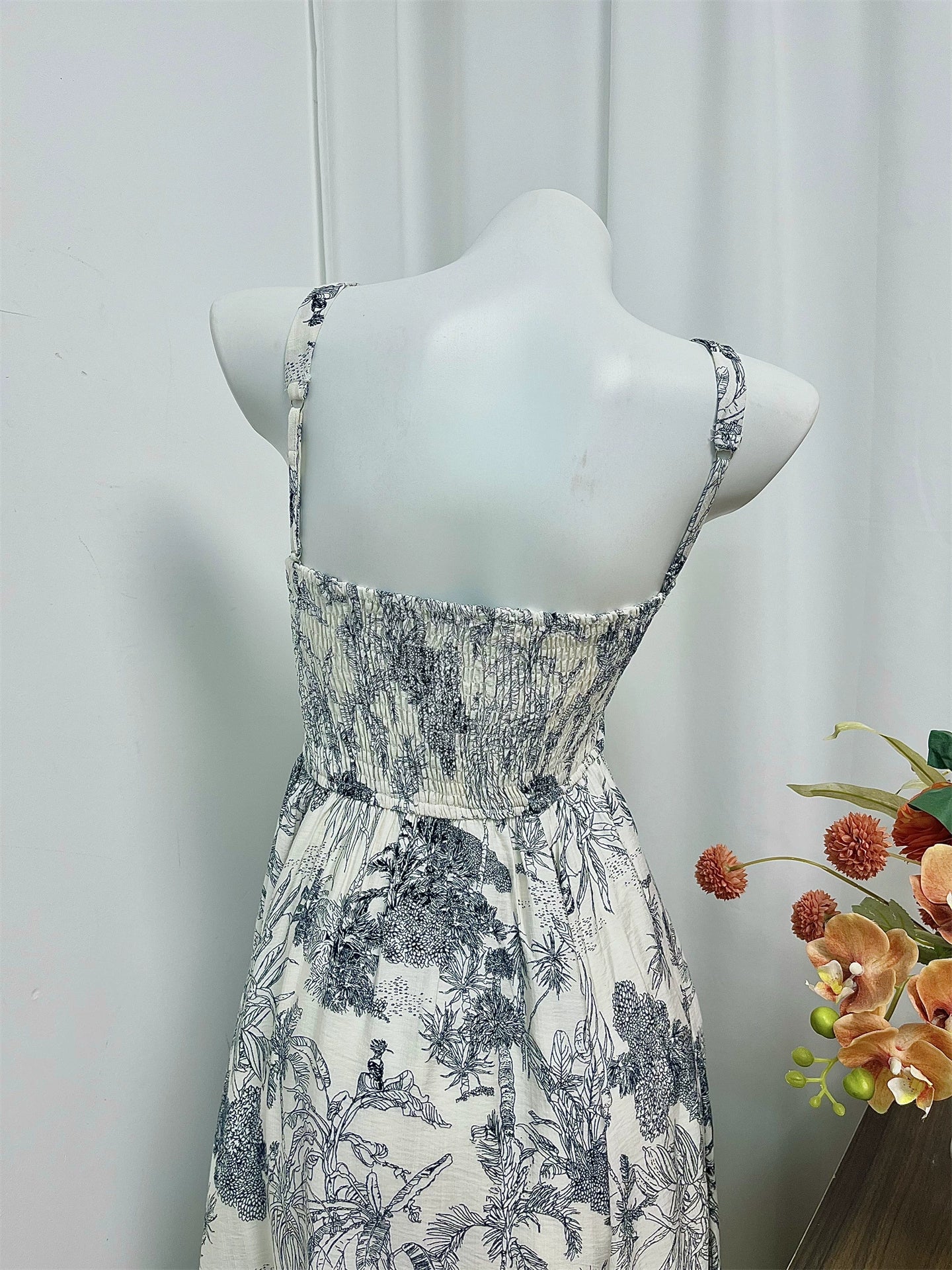 two-tone forest print square neck slip dress