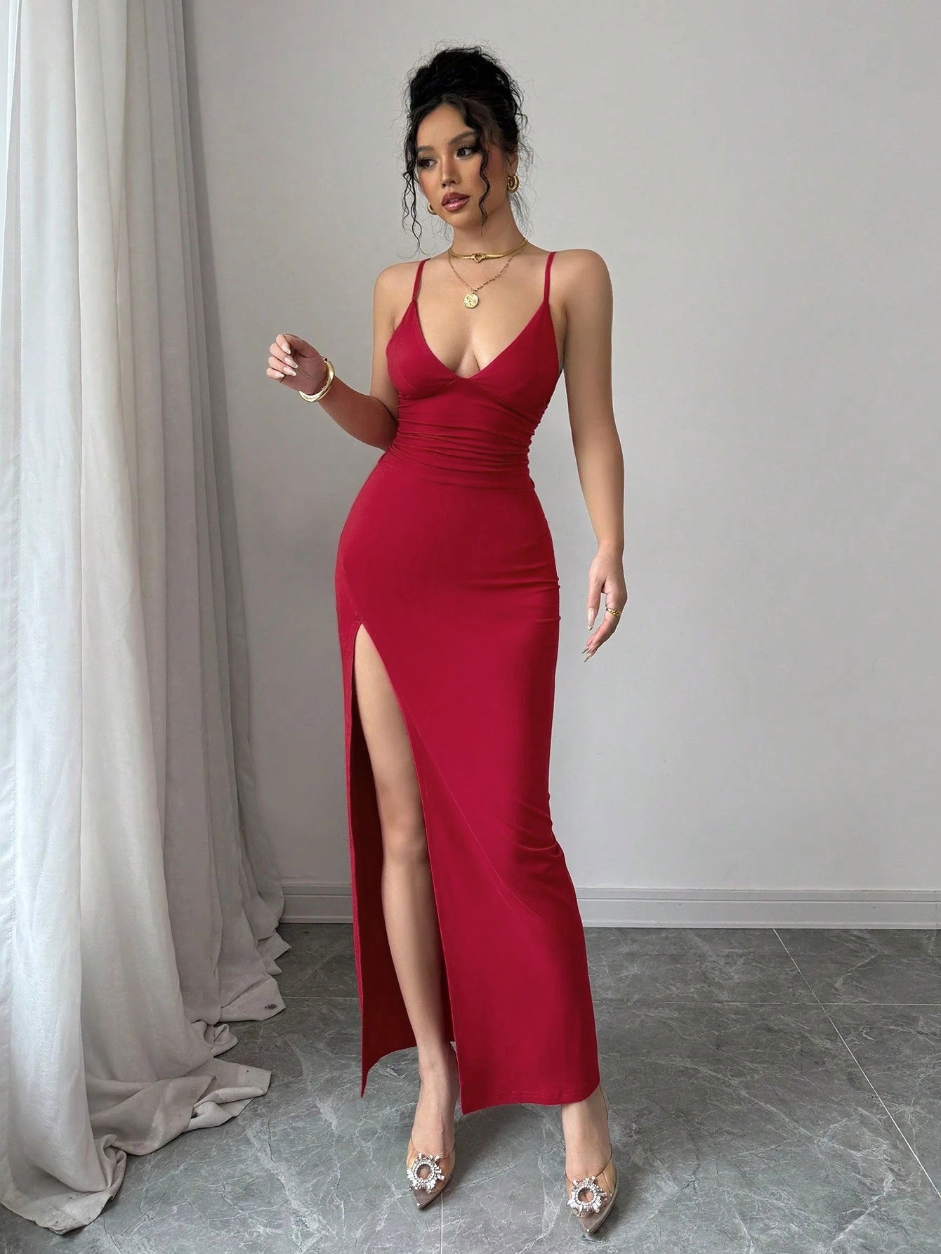 heather red Slit halter maxi dress