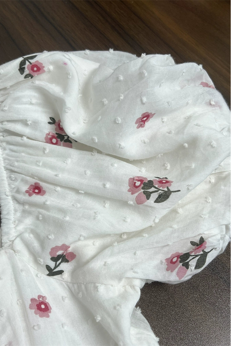 flower embroidery puff sleeve mini dress