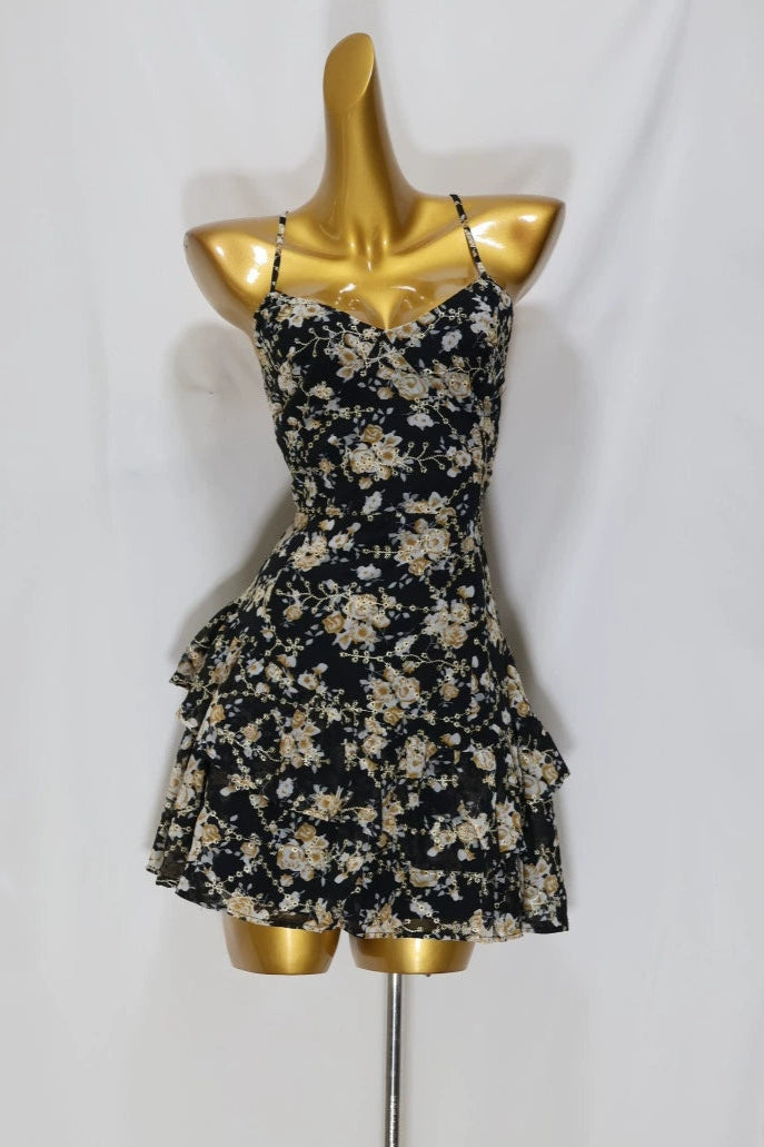 embroidered suspender mini dress