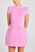 pink Round neck beaded mini dress