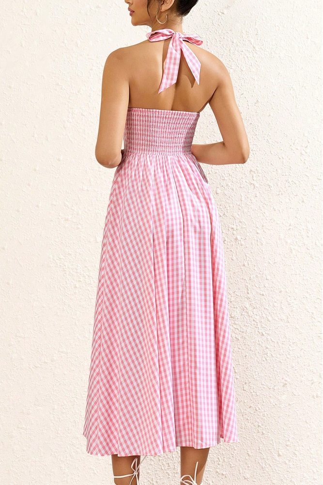 pink checkered halterneck tie sexy V-neck backless slip dress