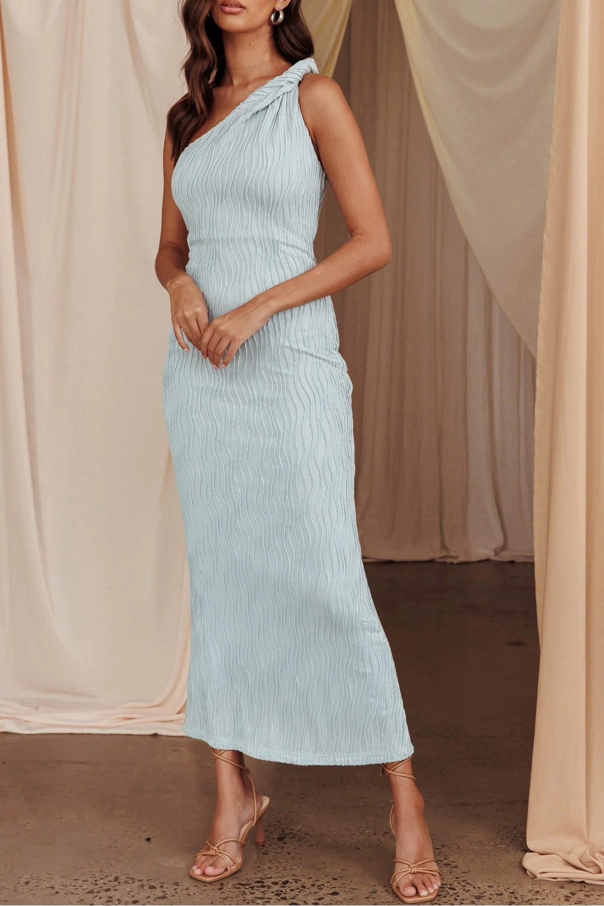 light haze blue one-shoulder texture midi dress