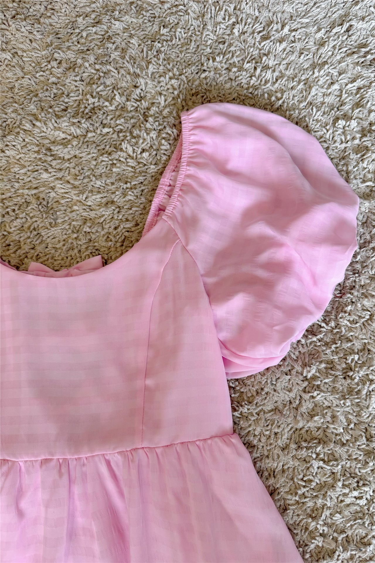 pink backless bow puff sleeve waist mini dress