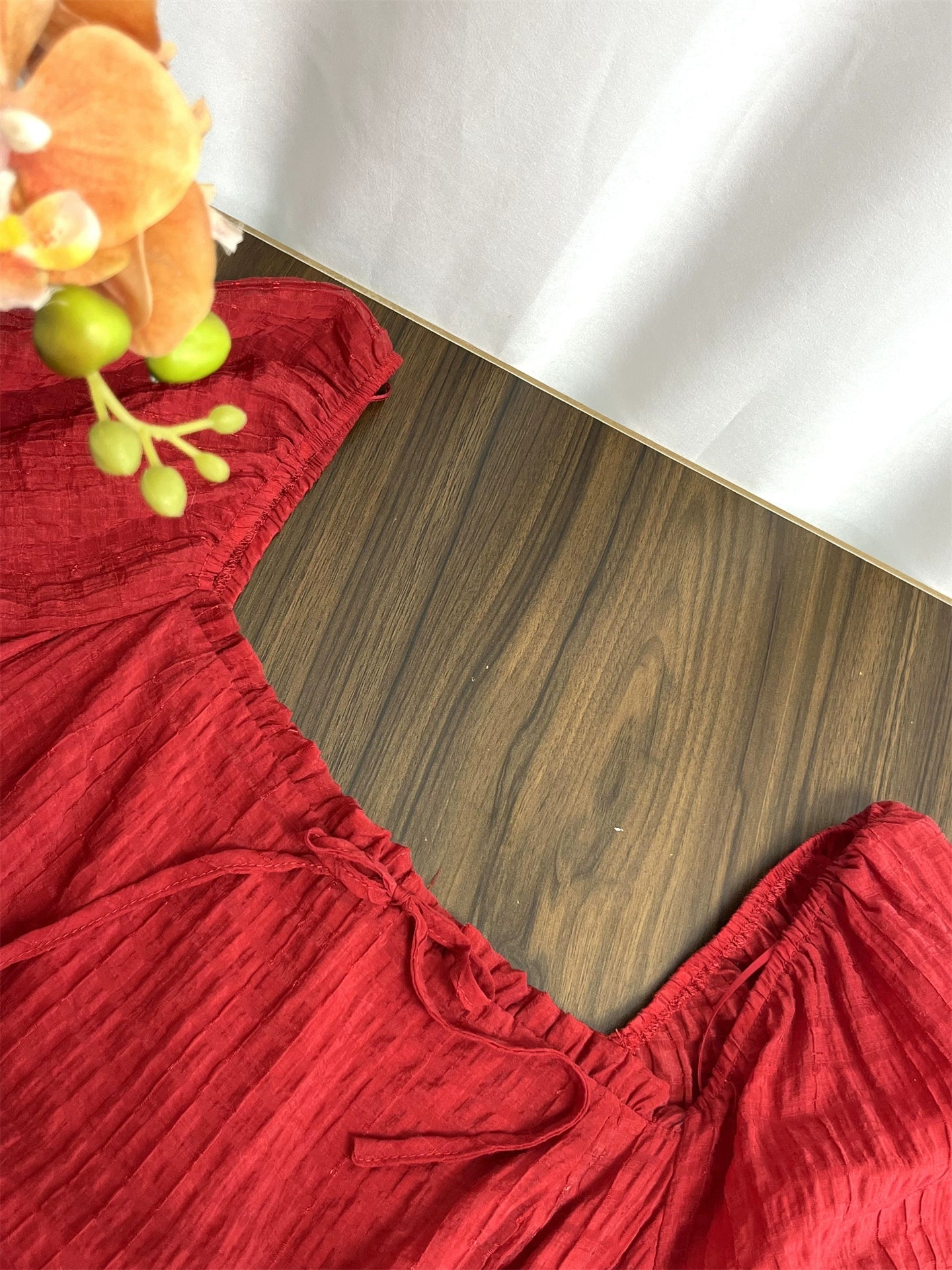 red bow square neck puff sleeve dress