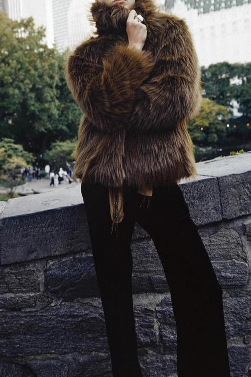 Artificial Wool Fur Cropped Jacket in brown